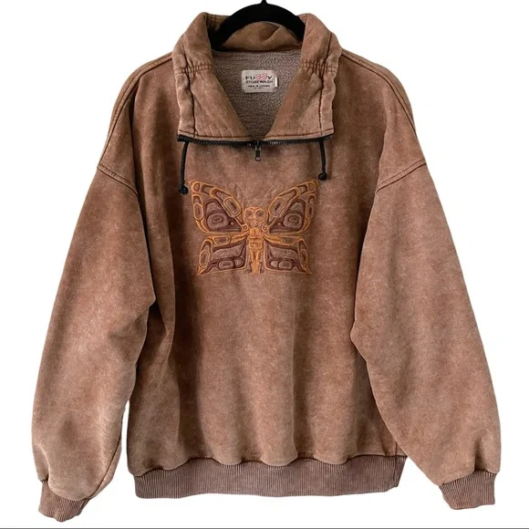 Vintage Fuzzy Stone Wash Native Art Brown Sweatshirt Womens Medium - Picture 1 of 5